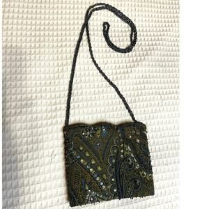 VTG Georgiou Studio Silk Beaded Mini Green & Blue Purse W/ Long Beaded Strap